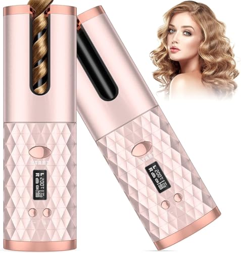 Automatic Hair Curler, Cordless Hair Curler LCD Display and Timer, Portable Wireless Curling Iron, USB Rechargeable Curling Wand, Fast Heating and Auto Shut Off (Pink)