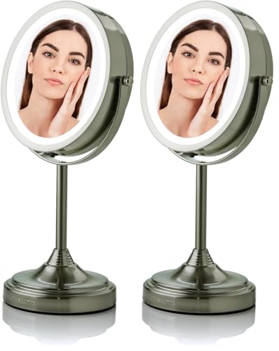 Image of OVENTE 7'' Lighted Tabletop Makeup Mirror, 1X & 7X Magnifier, Spinning Double Sided Round LED, Great for Vanity, Bath, & Bedroom, Battery Powered, Nickel Brushed MCT70BR1X7X (Pack of 2)