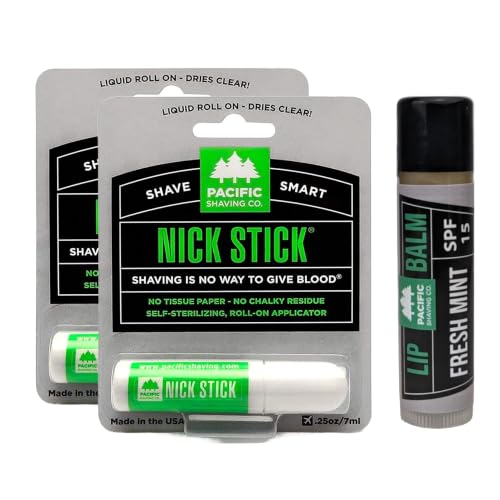 Pacific Shaving Company 2 Nick Sticks + 1 Fresh Mint Lip Balm SPF 15 - A Shave Essential - Puts Nicks in Their Place - Liquid Roll-On Applicator, Dries Clear - With Vitamin E &amp; Aloe Vera (3 Pieces)