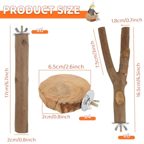 Image of 16 PCS Natural Wood Bird Perches Wooden Parrot Perch Stand Fork Toys Bird Cage Hanging Perch Platform for Macaws, Small Parakeets, Conures, Budgies, Finches