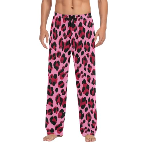 Vdsrup Men's Pajama Pants Leopard Print Pajama Pants for Men PJs Bottoms Drawstring Pockets Wine Red Sleep Lounge Pants S