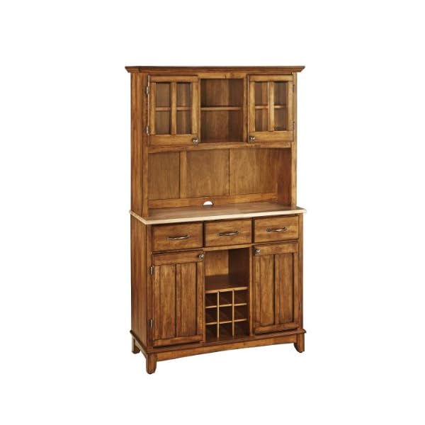 Home Styles Buffet of Buffets Cottage Oak Server with Natural Wood Top, Three Utility Drawers, Two Door Hutch, Removable Wine Rack, and Brushed Steel Hardware