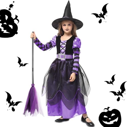 NCKIHRKK Disfarce de bruxa para menina, fato de Halloween para menina com chapéu de bruxa, vassoura de bruxa e cinto, disfarce de Halloween para menino 5-6 anos, para Halloween, carnaval, aniversário