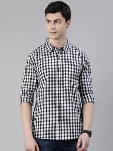 Image of JOVEN Men Slim Fit Pure Cotton Brown and Dark Green Casual Checked Shirt