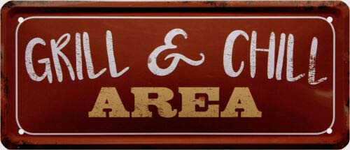 Cartel decorativo de chapa con texto en inglés "Grill & Chill Area 28 x 12 cm, 1954