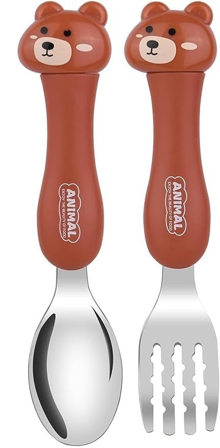 Image of Bekner Kids Cutlery Set, Stainless Steel Spoon and Fork with Animal Design Handles, 14.7 cm, Multicolor, Pack of 2 (Brown)