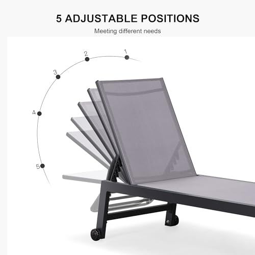 Image of PURPLE LEAF Patio Chaise Lounge Set 2 Pieces Textilene Pool Lounge Chairs with Wheels Sunbathing Chair with 5 Adjustable Position for Outdoor Yard (2 Light Grey Lounges W /Side Table)