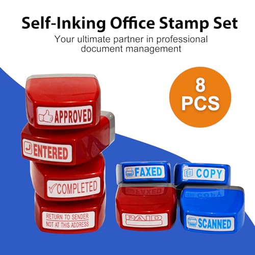 8 PCS Self-Inking Stamp Set with Storage Tray Office Rubber Stamps for Approved Paid Scanned Faxed Copy Completed Message Work Stamp for Business Finance Staff Office Supplies