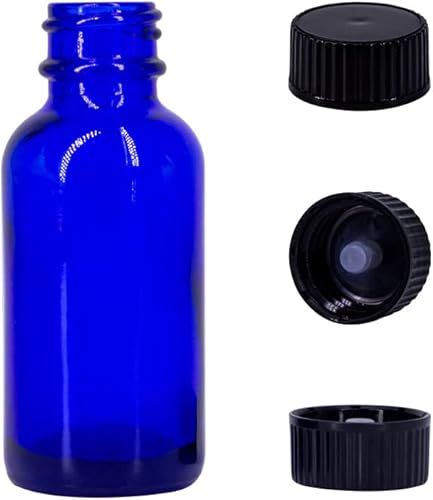 Miniatura 2 de Botellas redondas Boston de vidrio azul cobalto de 1 oz con tapa acanalada negra, paquete de 24