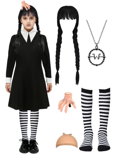 DIYLN 7pcs Girls Halloween Costume Kids Long Sleeve Black Cosplay Dress with Wig Necklace Stripped Socks Accessories DY041M