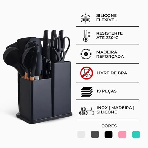 Kit Utensílios De Cozinha Silicone Cabo De Madeira Antiaderente Premium Conjunto 19 Peças Preto Inox
