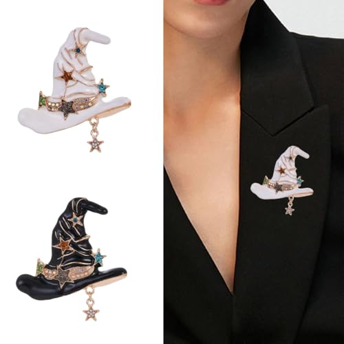 Image of Rhinestone Witch Hat Brooch Pin for Women AB Crystal Colorful Star Witchcraft Brooches Lapel Pins Bag Suit Dress Accessories Unisex Cap Fashion Christmas Halloween Jewelry