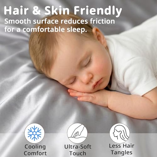 Image of Pro Goleem Satin Mini Crib Sheets 2 Pack, Grey & White Silky Soft Fitted Sheet for Baby Hair Protection, 38 inchx24 inchx5 inch Breathable Mattress Cover Compatible with Pack n Play & Portable Crib