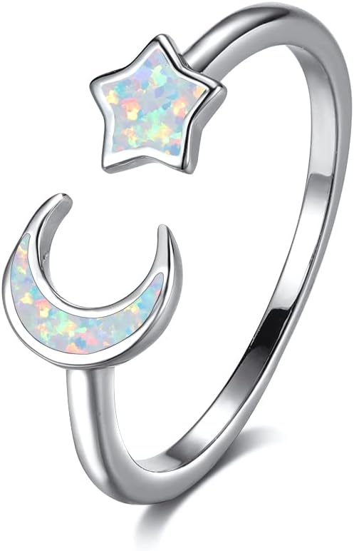 Opal Crescent Moon Star Open Adjustable Stacking Ring White Gold Plated Created Birthstone Love Endless Promise Wedding Finger Bands Expand Lucky Statement Rings Fashion Jewelry for Women Girlfriend Mother