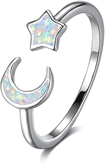 Opal Crescent Moon Star Open Adjustable Stacking Ring White Gold Plated Created Birthstone Love Endless Promise Wedding Finger Bands Expand Lucky Statement Rings Fashion Jewelry for Women Girlfriend Mother