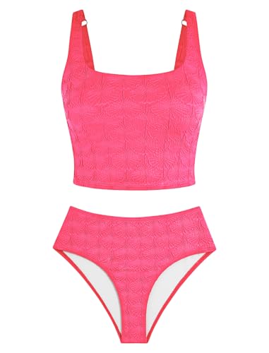 ZAFUL Tankini Swimsuits for Women Two Piece Bathing Suits Textured Tummy Control Swimsuit Cute Swim Suit Slimming Tank Top with High Waisted Bottom Resort Wear Pink Small