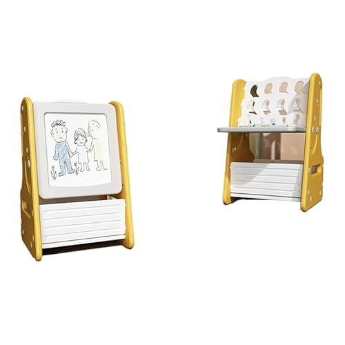 お絵描きボード キッズデスク イーゼル付き 大きい 多機能テーブル&チェア 絵本棚 知育デスク 収納付き おしゃれ 軽量 コンパクト 2way 絵本ラック (スリーインワン製図板,レモンイエロー)