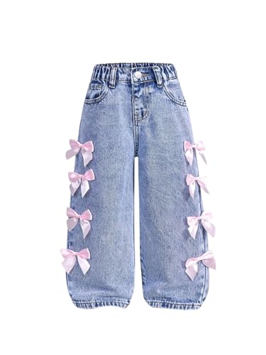 WDIRARA Toddler Girl's Y2k Bow Jeans Elastic High Waisted Wide Leg Denim Pants