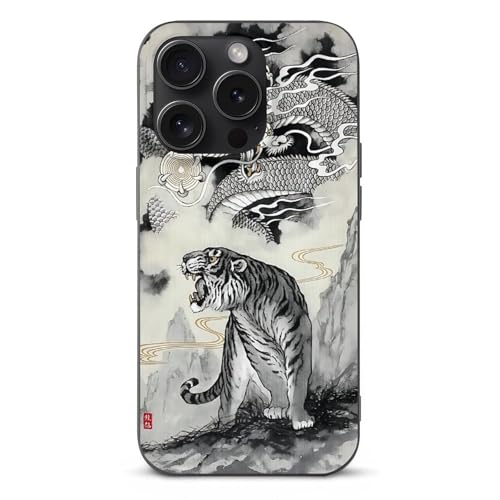 iPhone15Pro用ケース 和風 絵画 水墨画 龍虎 アイフォン15Pro用ケース スマホケース TPU 薄型 耐衝撃 おしゃれ ストラップホール付き ワイヤレス充電対応