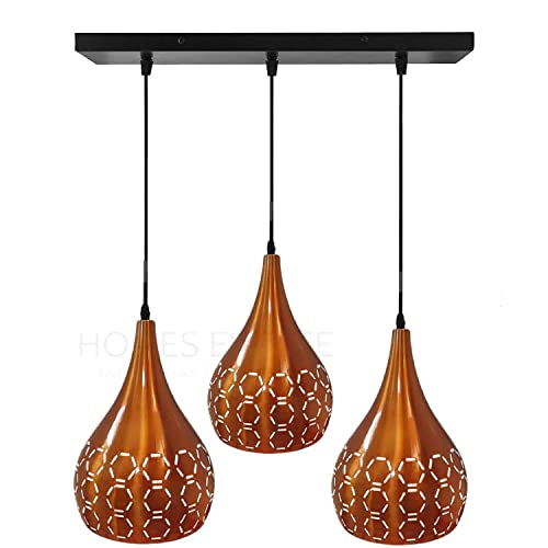 Image of GreyWings Orange Aluminium Hanging Light, 3 Pendant Ceiling Lamp for Dining Room, Bulb Not Included, Linear Set,