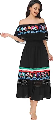 Image of YZXDORWJ Women Embroidered Mexican Peasant Casual Sexy Lace Off-Shoulder Long Dress