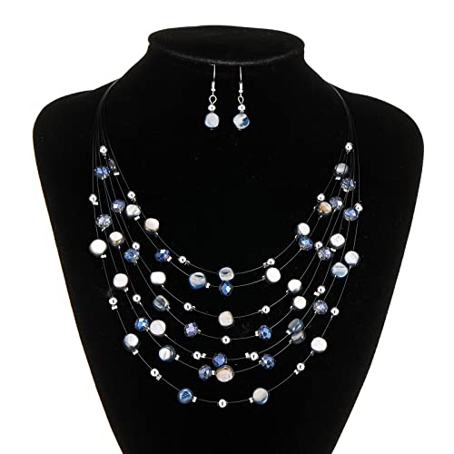 Multi-Layer Boho Shell Beaded Necklace For Women Colorful Crystal Strand With Silver Beads Statement Collars Necklace And Earrings Costumes Jewelry Sets For Women(Blue) #TOP3