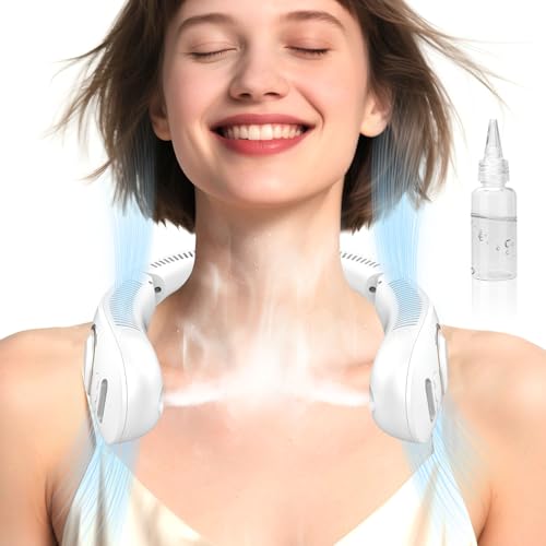 Image of Neck Fan that Blow Cold Air with Mist Spray, USB-C Rechargeable with LED Display, Portable Folding Bladeless Mister Cooling Device, Personal Headphones Fan for Women Men Kids Outdoor (Bright white)