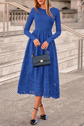 dowerme Women Spring Dresses 2026 Casual Long Sleeve Crewneck A-Line Boho Eyelet Cotton Maxi Wedding Guest Dress Pockets(Blue,Small) — view 3
