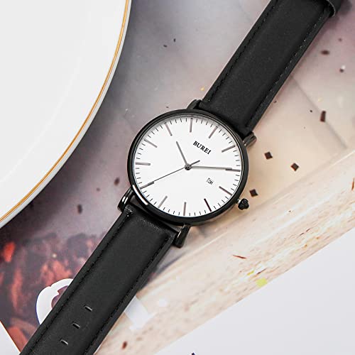 Miniatura 3 de Burei - Reloj Minimalista Ultra Delgado Para Hombre, Calendario, Elegante, Ventana Moderna, Simple, Esfera Grande, Correa De Piel, Blanco, Correa