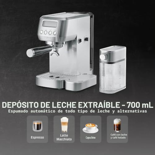 Miniatura 3 de Caso Espresso Gourmet Latte Prueba De Buena Calidad, Máquina Portafiltros Con Recipiente De Leche Integrado, Bomba Ulka De 20 Bar, Placa De Calor Para Tazas, 1 O 2 Tazas, Plata, Acero Inoxidable