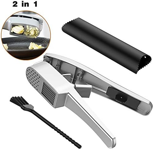 Garlic Press, 2 in 1 Garlic Mince and Garlic Slice with Garlic Cleaner Brush and Silicone Tube Peeler Set- Aluminum Alloy Garlic Crusher and Slicer- Durable and Easy to Clean
