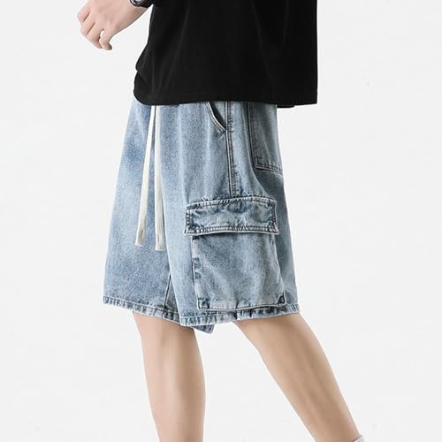 JEsilunmaMY Men's Elastic Waist Cargo Drawstring Denim Shorts for Leisure Wash Short Wide Leg Jeans