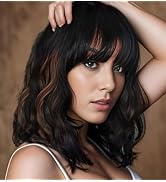 Nuxovin Short Black Brown Wigs Human Hair with Bangs, Shoulder Length Curly Wavy Real Hair Wigs, ...