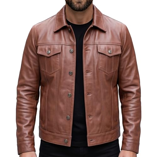 Image of Mens Leather Jackets - Real Lambskin Trucker Style Vintage Leather Jacket Men