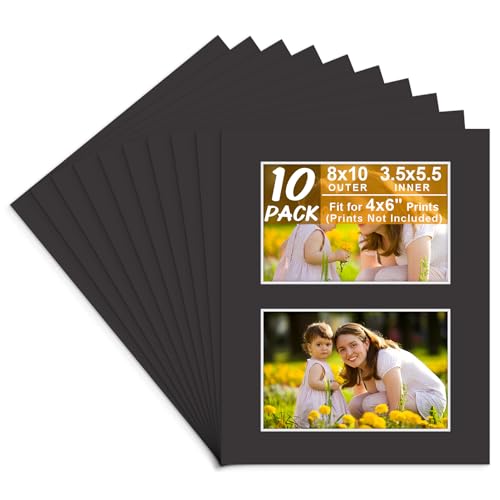 Golden State Art, Black 8x10 Mats for Two 4x6 Pictures (Pack of 10)