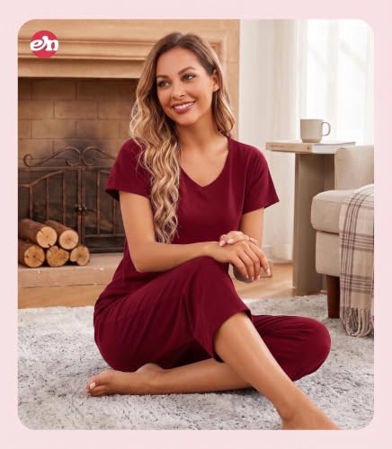 Image of ENJOYNIGHT Womens Pajama Sets Cotton Pj Set Short Sleeve Top With Capri Pants Sleepwear 2 Piece Lounge Set