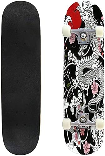 Chinese Dragon with Peach Blossom and Cloud Tattoo Japanese Tattoo Skateboard 31"x8" Double-Warped Skateboards Outdoor Street Sports Skateboard for Beginners Professionals Cool Adult Teen Gifts