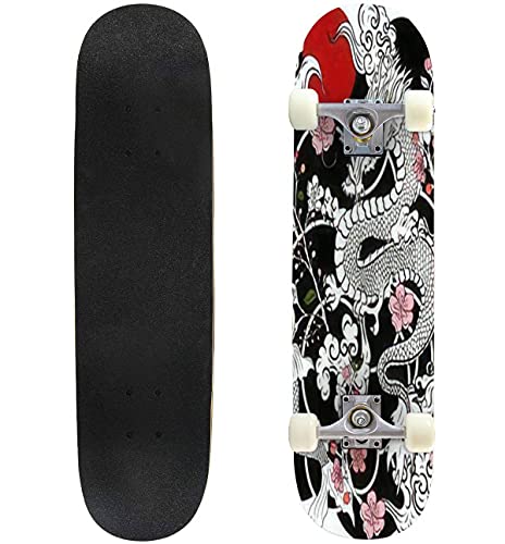 Chinese Dragon With Peach Blossom And Cloud Tattoo Japanese Tattoo Skateboard 31"X8" Double-Warped Skateboards Outdoor Street Sports Skateboard For Beginners Professionals Cool Adult Teen Gifts #TOP12