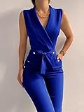 Women's Elegant Jumpsuits V Neck Sleeveless Straight Belted Long Pants Business Suits Set with Pockets Blue S
