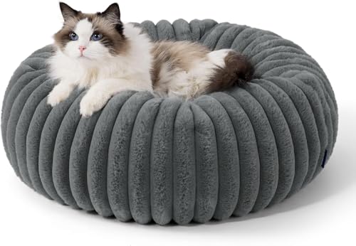 Deluxe Donut Cat Bed, 40cm Round Cat Bed, Orthopedic Soothing Dog Bed, Round Plush Pet Bed, Corduroy Fleece, Non-Slip Bottom, Suitable for Puppies and Anxious Pets (Gray)