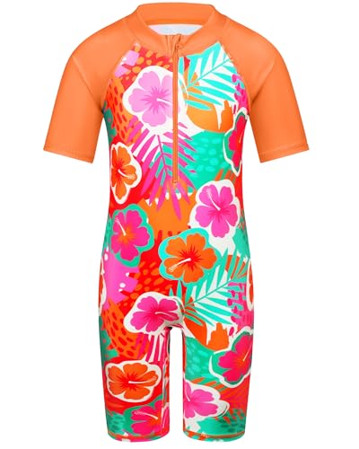 Image of TFJH E Short Sleeve Girls Swimsuits UV 50+ One Pieces Zipper 2-14Y | From beach vacations and pool parties to cruises and water parks, this colorful floral swimsuit is her summer favorite