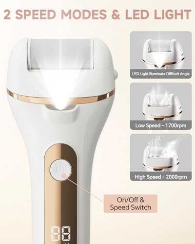 Image of Electric Foot Callus Remover Rechargeable Pedicure Kit with 3 Roller Heads 2 Speed IPX6 Waterproof Foot File Pedicure Tools Professional Foot Care for Dead Cracked Dry Skin White