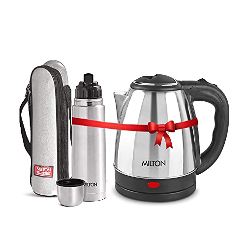 Image of MILTON Euroline Combo Set Go Electro Stainless Steel Electric Kettle, 1.2 Litres, Silver And Flip Lid Thermosteel Hot Or Cold Stainless Steel Water Bottle With Jacket, 500 Ml, Silver,1350 Watts