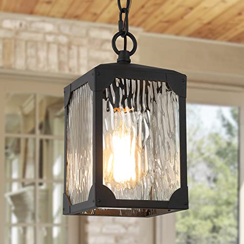 Laluz Outdoor Pendant Light Fixture, Farmhouse Exterior Hanging Light Fixture, Outdoor Chandelier With Ripple Glass, Anti-Rust Ceiling Outdoor Light For Porch, Gazebo, Patio, 10” Matte Black #TOP5
