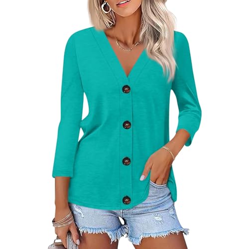 Women's V Neck 3/4 Sleeve T-Shirts Button Down Cardigans Casual Solid Tunic Tops Basic Tees Blouses Turquoise
