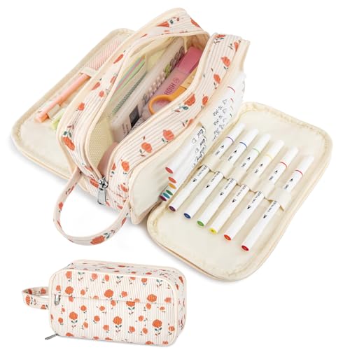 YILANCOL Cute Corduroy Pencil Case with Handle Extra Large 4 Compartment Multiple Pockets Aesthetic Pencil Pouch Organizer for Teen Girls School & College Supplies (Rose)