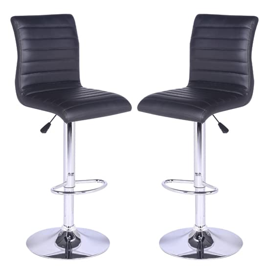 Furniture In Fashion Ripple Bar Stool Set Of 2 for Counter Kitchen Dining Living Room Bar Stool Modern Adjustable height Swivel Chrome Footrest Base Modern Black Faux Leather W41xD52xH96-116cm
