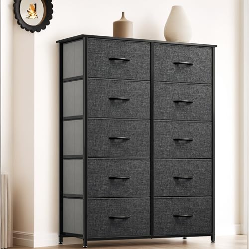 YITAHOME Comoda 10 Cajones,Cajonera de Tela,Sinfonier,Robusta Estructura metálica,para Dormitorio, Salón, Pasillo,Negro y Gris