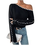 WDIRARA Women's Pearls Beaded One Cold Shoulder Sweater Long Sleeve Asymmetrical Knit Top