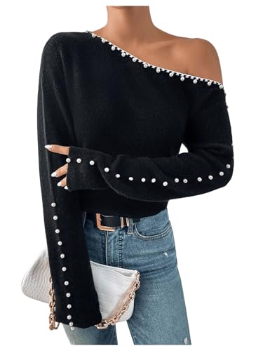 WDIRARA Women's Pearls Beaded One Cold Shoulder Sweater Long Sleeve Asymmetrical Knit Top